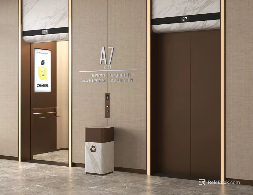 Modern Elevator Lobby With A7 Sign Brown Doors And Marble Floor 3d model