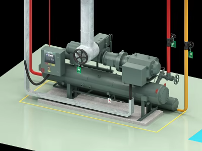 Industrial Compressor Equipment With Gray Mechanical Structure Colored Pipes And Control Panel 3d model