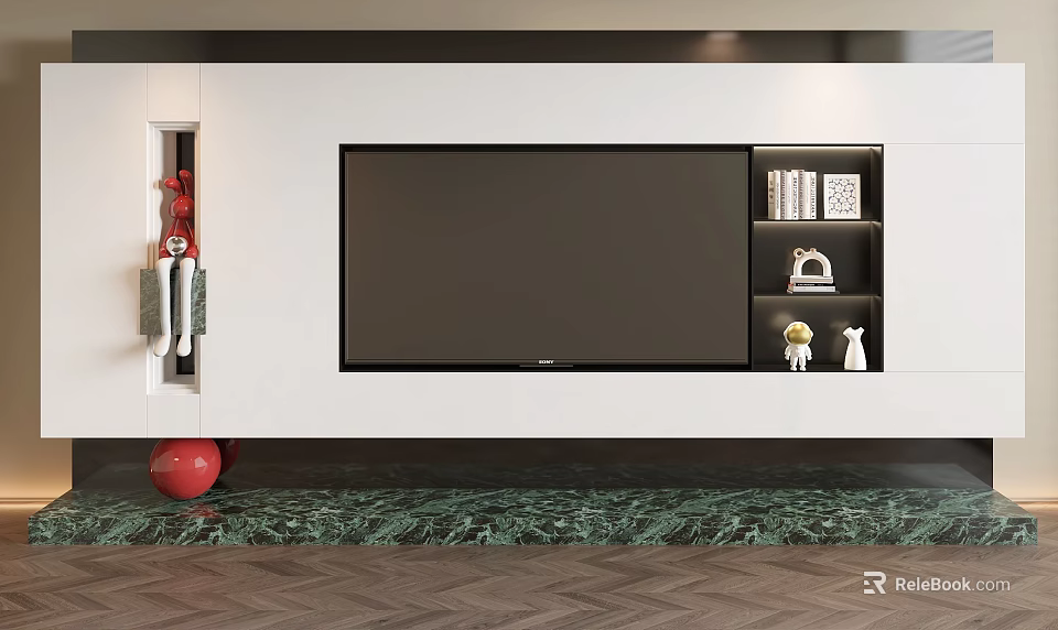 Modern TV Background Wall Interior Design With White Panel Floating Shelves And Decor 3d model