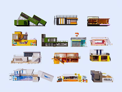 Various Cafes Showcasing Different Architectural Exterior Designs With Colorful Styles Windows And Balconies 3d model