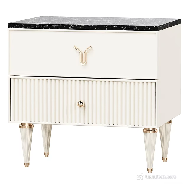 Modern White Nightstand With Black Marble Top Gold Tapered Legs And Ribbed Drawer 3d model 