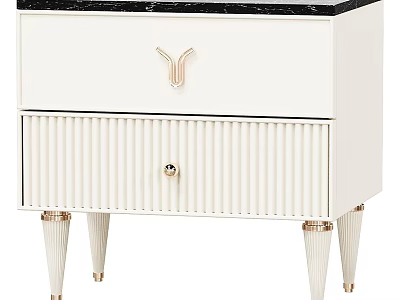 Modern White Nightstand With Black Marble Top Gold Tapered Legs And Ribbed Drawer 3d model