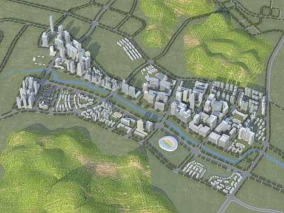 Aerial Planning of Modern City Layout With Buildings River Green Hills and Transportation Network 3d model