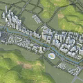 Aerial Planning of Modern City Layout With Buildings River Green Hills and Transportation Network