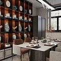 Modern Dining Living Room With Wooden Walls And Marble Pedestal Sculpture