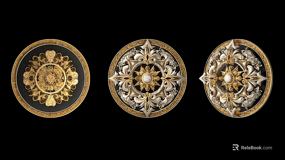 Three Weapon Decorative Circular Ornaments With Gold Silver Patterns And Gemstone Centers 3d model 