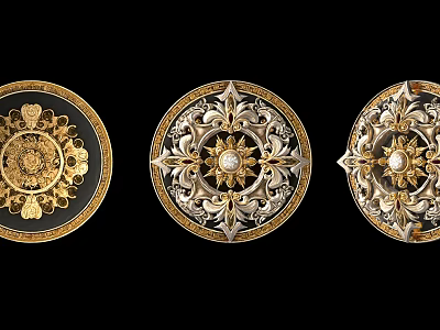 Three Weapon Decorative Circular Ornaments With Gold Silver Patterns And Gemstone Centers 3d model