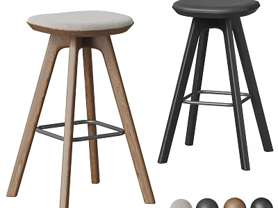 Modern Three Legged Bar Stools With Light Wood And Black Upholstered Seats 3d model
