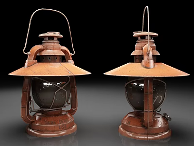 Pair of Vintage Oil Lamps With Brass Body Glass Shade And Handle Design 3d model