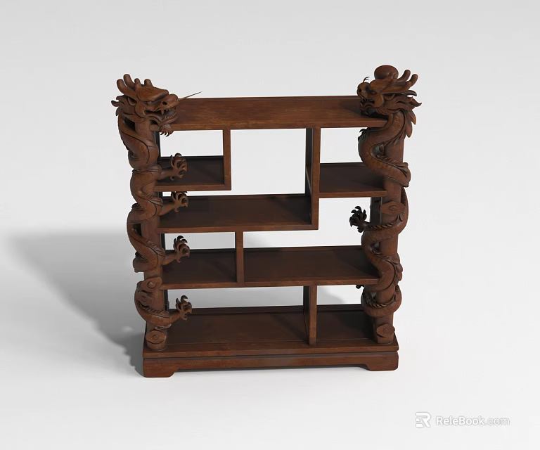 Traditional Wooden Decorative Cabinet With Intricate Dragon Carvings And Multiple Shelves 3d model 