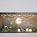 Chinese Style Indoor Landscape With Wooden Lattice Circular Mountain Painting Bamboo Stone Round Light Decorations