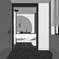 Elegant Modern Bathroom Interior With Marble Vanity Round Mirror And Bathtub
