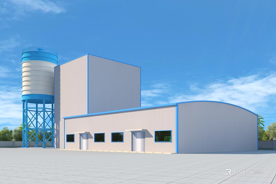 White And Blue Industrial Factory Building With Blue Water Tower Clear Sky And Trees 3d model 