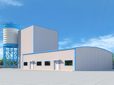 White And Blue Industrial Factory Building With Blue Water Tower Clear Sky And Trees 3d model