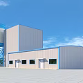 White And Blue Industrial Factory Building With Blue Water Tower Clear Sky And Trees