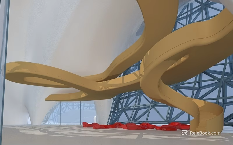 Curved Yellow Structures In Modern Interior With Glass Background And Red Elements 3d model 