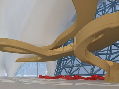 Curved Yellow Structures In Modern Interior With Glass Background And Red Elements 3d model