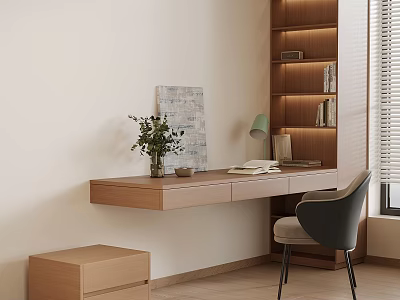 Minimalist Home Workspace Interior Featuring Wooden Floating Desk Potted Plant Gray Chair And Bookshelf 3d model