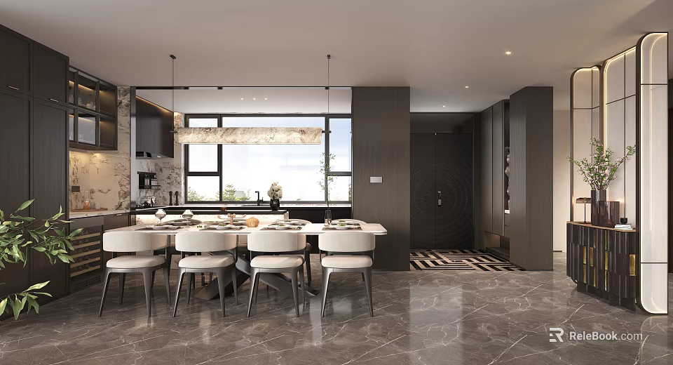 Modern Restaurant Interior Design With Dining Table White Chairs Pendant Light And Marble Floor 3d model 
