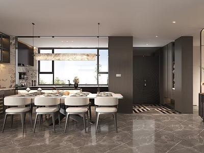 Modern Restaurant Interior Design With Dining Table White Chairs Pendant Light And Marble Floor 3d model