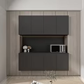 Modern Style Sideboard Cabinet With Black Doors Wooden Panels Open Shelf Microwave And Decorative Items