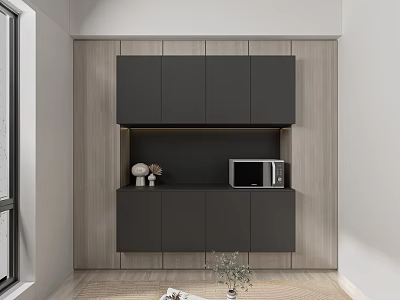 Modern Style Sideboard Cabinet With Black Doors Wooden Panels Open Shelf Microwave And Decorative Items 3d model