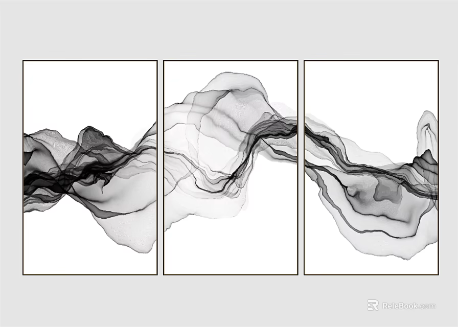 Black And White Abstract Triptych Wall Art With Flowing Ink Style Lines 3d model 