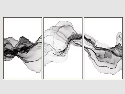 Black And White Abstract Triptych Wall Art With Flowing Ink Style Lines 3d model