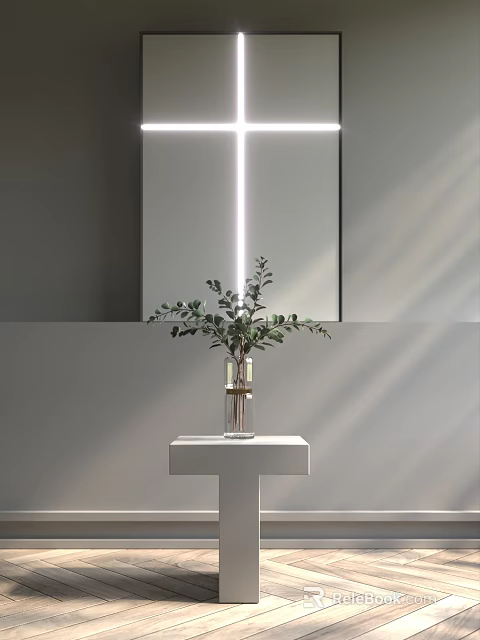 Modern Minimalist Side Table Design With Glass Vase And Green Foliage In Room Interior 3d model 