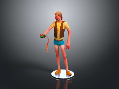 3D Character in Yellow T-shirt Holding Green Creature with Red Rope Standing on White Pedestal 3d model