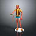 3D Character in Yellow T-shirt Holding Green Creature with Red Rope Standing on White Pedestal