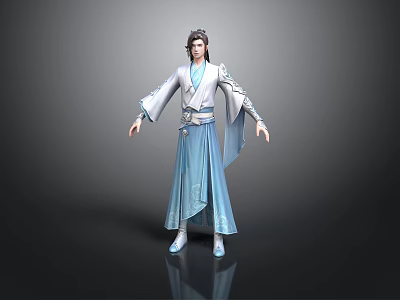 Man In Traditional Ancient Chinese Costume With Flowing Sleeves And Blue Robe 3d model