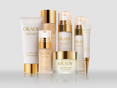 Elegant OKADY Cosmetics Set with Golden White Packaging and Skincare Products 3d model