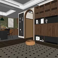 Modern Restaurant Interior Design With Wooden Cabinets Dining Table Chairs And Checkered Rug