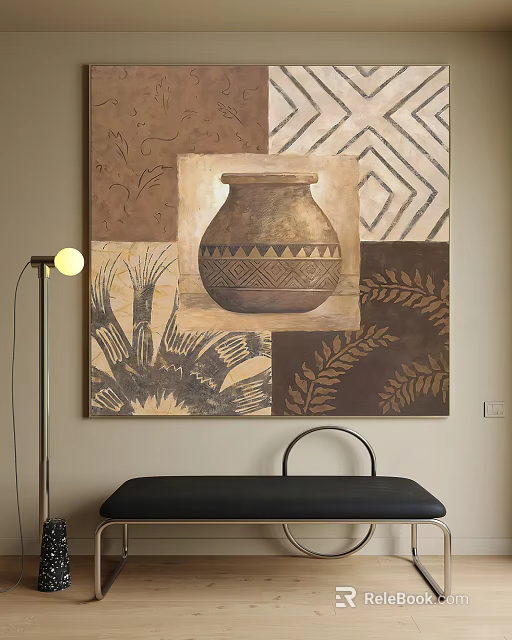 Oil Painting Featuring Vase Geometric Leaf Patterns Brown Patchwork Design Floor Lamp Black Bench 3d model