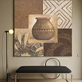 Oil Painting Featuring Vase Geometric Leaf Patterns Brown Patchwork Design Floor Lamp Black Bench 3d model