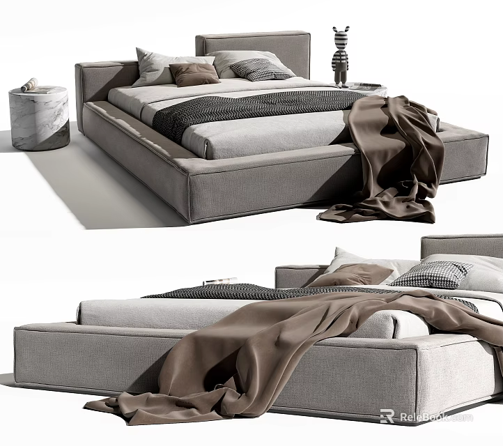 Minimalist Modern Gray Upholstered Double Bed With Brown Blanket And Pillows 3d model