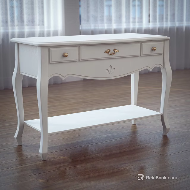 Elegant White Desk With Gold Handles Drawers Curved Legs And Open Shelf 3d model 