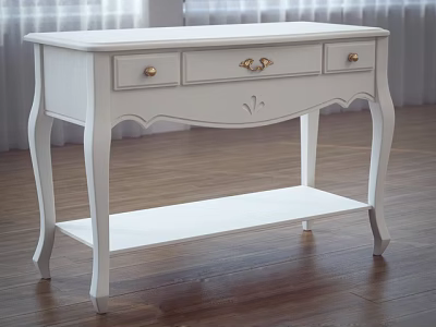 Elegant White Desk With Gold Handles Drawers Curved Legs And Open Shelf 3d model