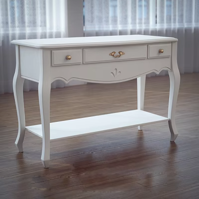 Elegant White Desk With Gold Handles Drawers Curved Legs And Open Shelf 3d model