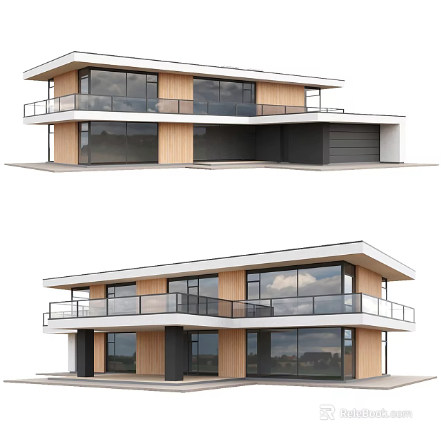 Modern Two Story Detached Villa With Large Glass Windows Balcony And Garage 3d model 