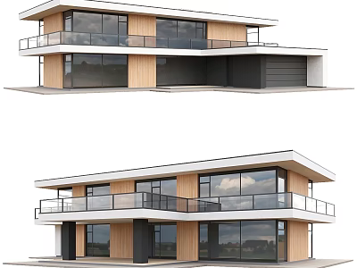 Modern Two Story Detached Villa With Large Glass Windows Balcony And Garage 3d model