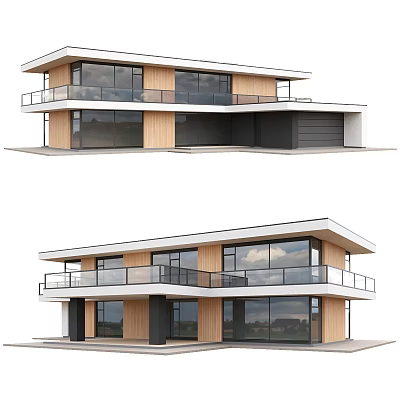 Modern Two Story Detached Villa With Large Glass Windows Balcony And Garage 3d model