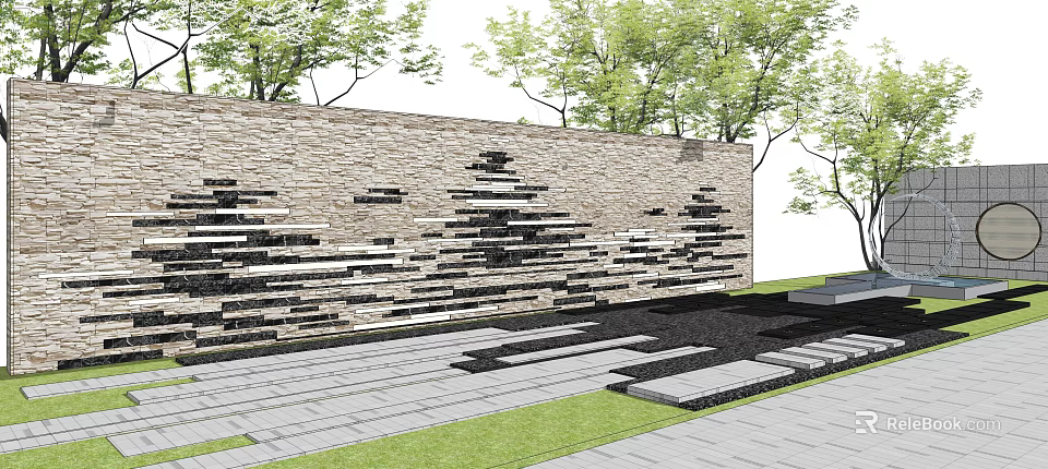 Modern Building Exterior Wall With Textured Stone Horizontal Stripes And Trees 3d model