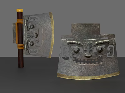Two Piece Antique Metal Ornament Set With Carved Mask Patterns And Wooden Handle 3d model