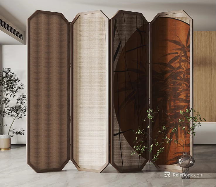 Modern Multi Panel Room Divider Design With Wooden Frame Woven Panels And Bamboo Patterns 3d model