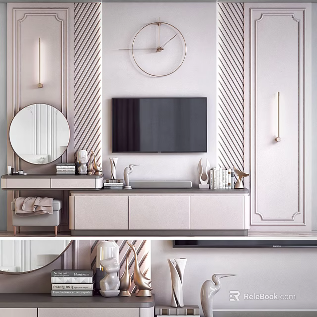 Modern Living Room Interior Design With Round Mirror TV Cabinet And Wall Decorative Lamps 3d model 