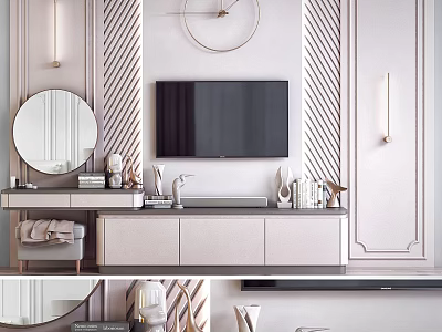 Modern Living Room Interior Design With Round Mirror TV Cabinet And Wall Decorative Lamps 3d model