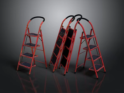 Three Red Folding Ladders With Black Steps And One Folded Position 3d model
