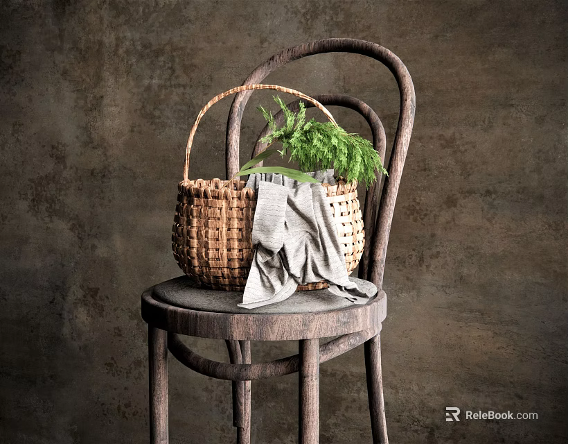 Woven Vase With Green Flowers Resting On Wooden Chair With Gray Cloth And Dark Background 3d model 